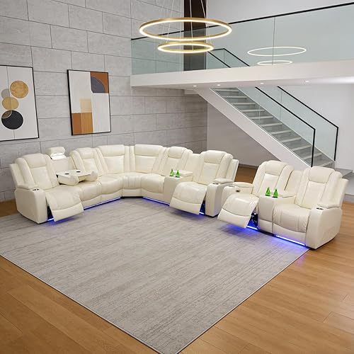 Miniatura 18 de Juego de sofá modular reclinable eléctrico para sala de estar, juego de sofá reclinable de cuero con luces LED / almacenamiento oculto, sofá en
