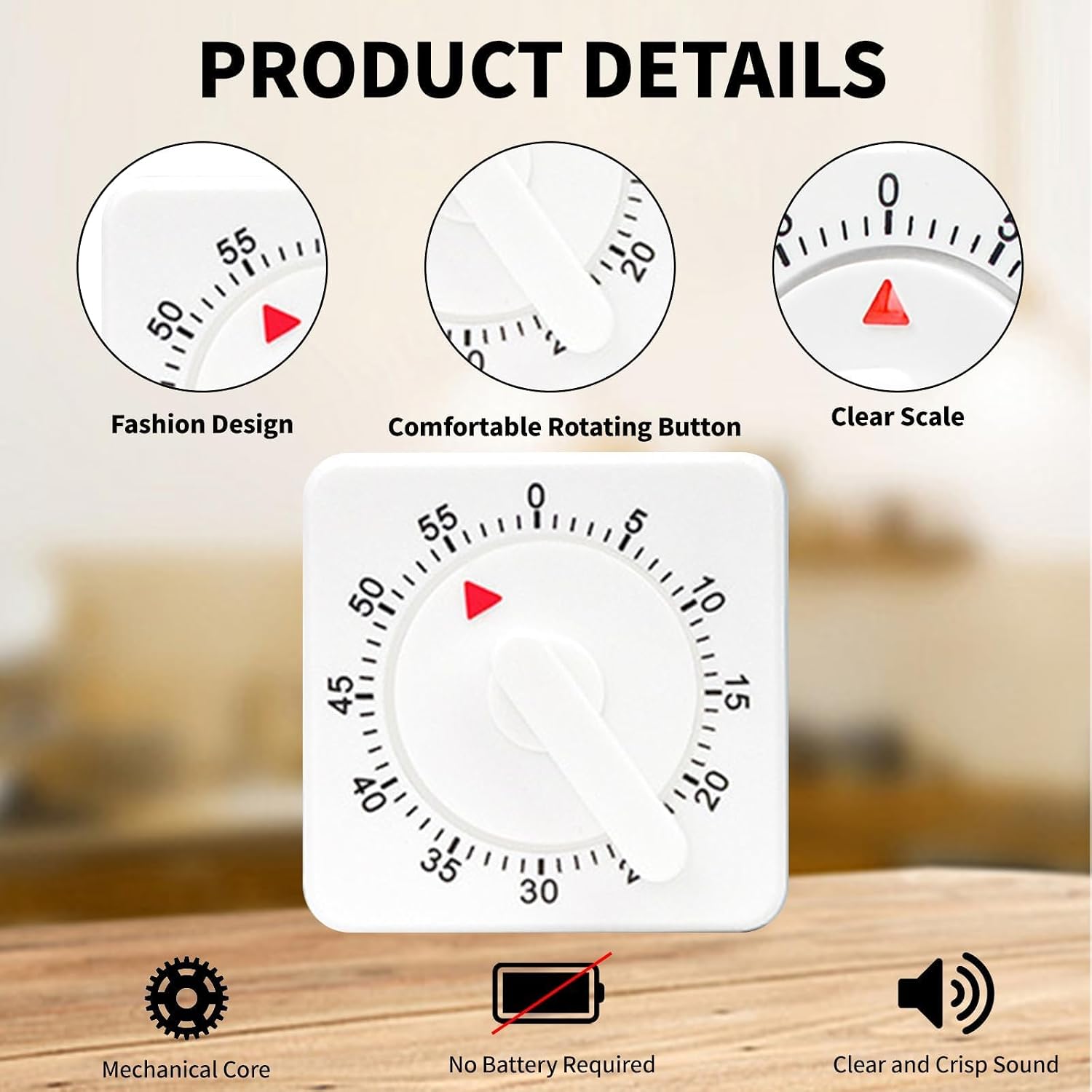 2 Pcs Kitchen Timer with Alarm : Square 60 Minute Mechanical Visual Cooking, Time Management Tools Hour Manual Countdown Timer for Baking, Homework, Exercise Auto Off No Batteries Required White