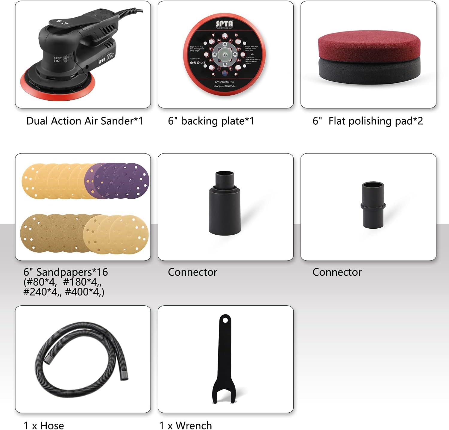 Electric Orbit Sander, SPTA 350W 150mm Random Orbit Sander, Variable Speed 4000-10000RPM, Digital Display Speed Controller, 2.5mm Orbit with Sandpapers - - 