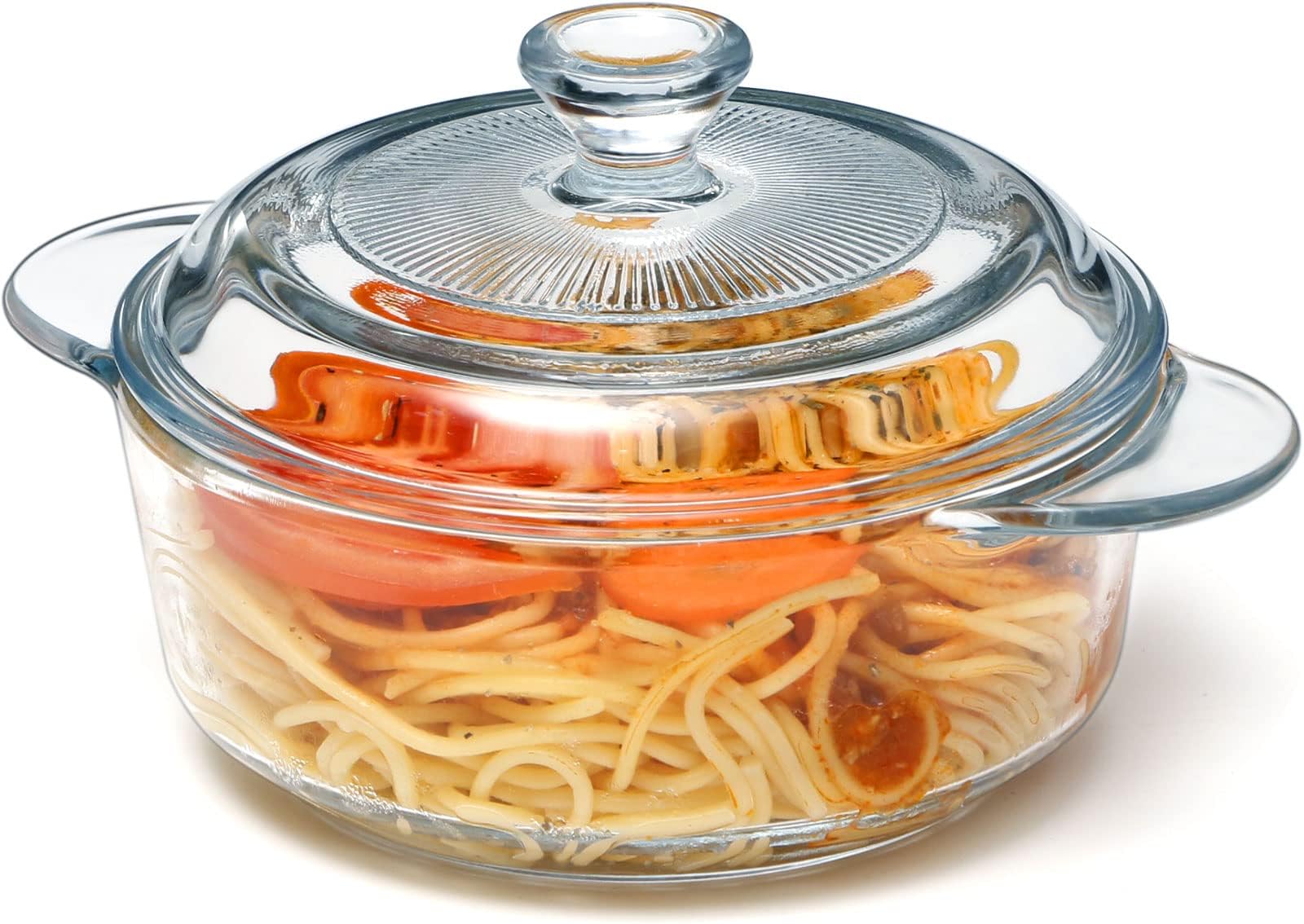 Mini Glass Casserole Dish With Glass Lid (-Lid NOT Oven Safe), Round Oven Safe Glass Bakeware with Handles (Mini-1 Liter)