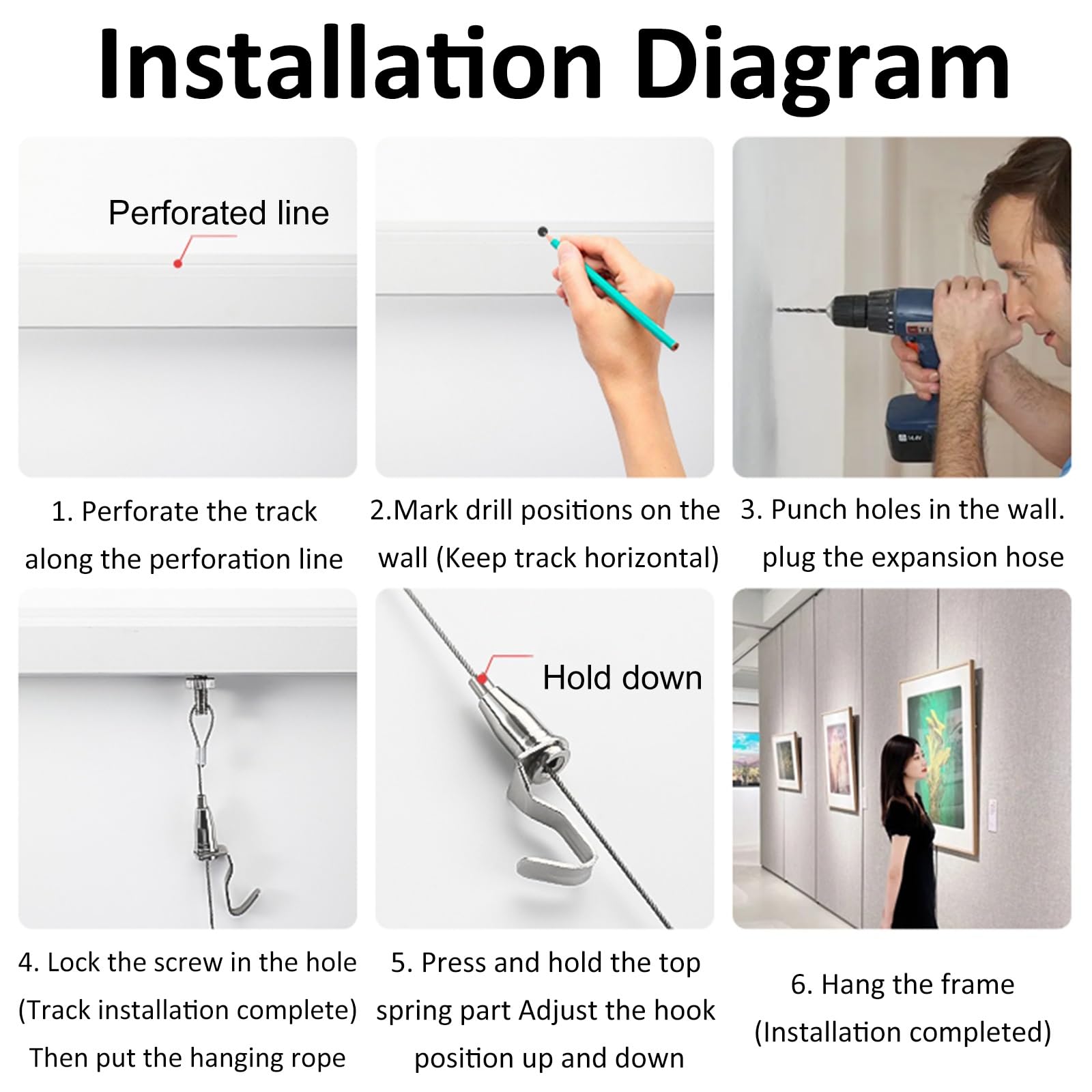 Kit Para Colgar Cuadros Barra flexible para colgar cuadros y fotografías, riel para colgar espejos de pared con ganchos de fijación y ajuste, ideal para galerías de arte de decoración(A Rail 1.2m/3.9'