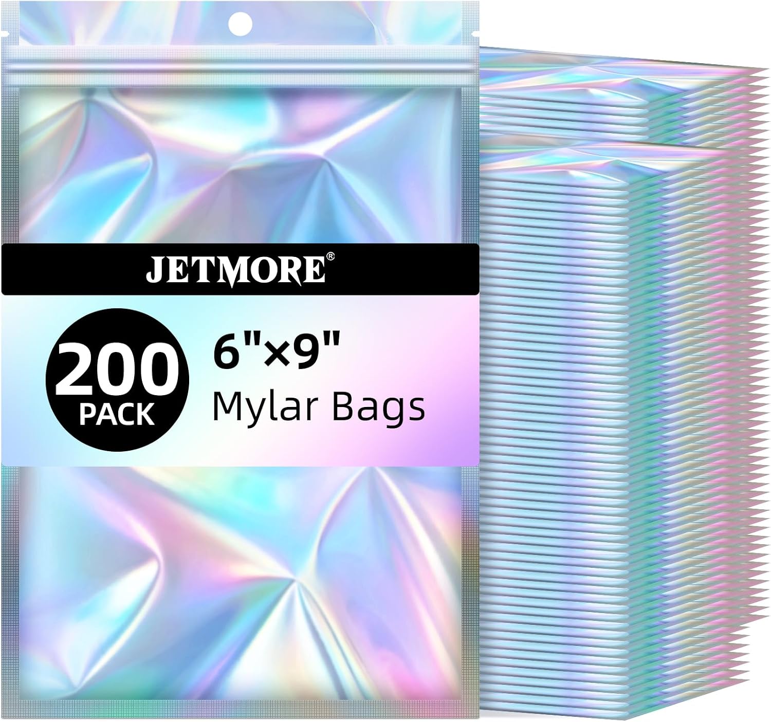JETMORE Mylar Bags, 200 PCS Resealable Bags-6x9in, Holographic Bags for Party Favors, Little Bag for Jewelry, Sealable Bag for Papers, Souvenirs, Dispensary Packaging for Edibles