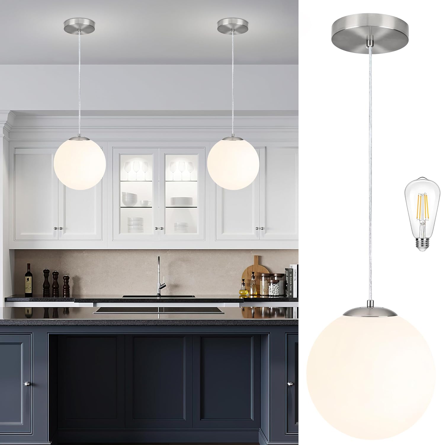 KoKo&Yukina 10 Inch Pendant Light Nickel Globe Pendant Lights Kitchen Island Mid Century Light Fixture Adjustable Globe Cluster Lights with Milky White Glass Shade for Dining Room Living Room Opal & Nickel 10" , 1PK
