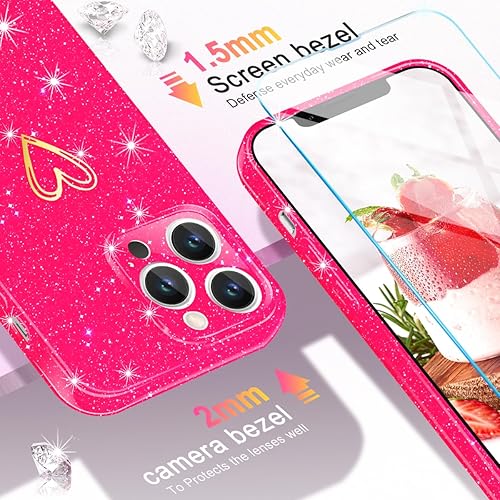 Miniatura 2 de Funda para iPhone 13 Pro Max, con 1 protector de pantalla de vidrio templado Funda transparente con purpurina bonita y brillante a prueba de golpes,
