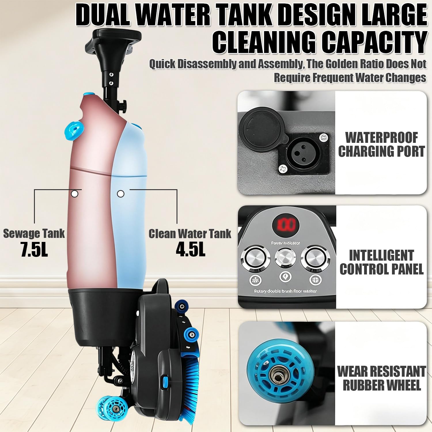 Bodenreinigungsmaschine, 360° Gewerbliche Scheuersaugmaschine, Doppelbürsten-Design, 45 cm Reinigungsbreite, Mit 4,5 L Klarwassertank Und 7,5 L Schmutzwassertank, 1200 M²/H Red