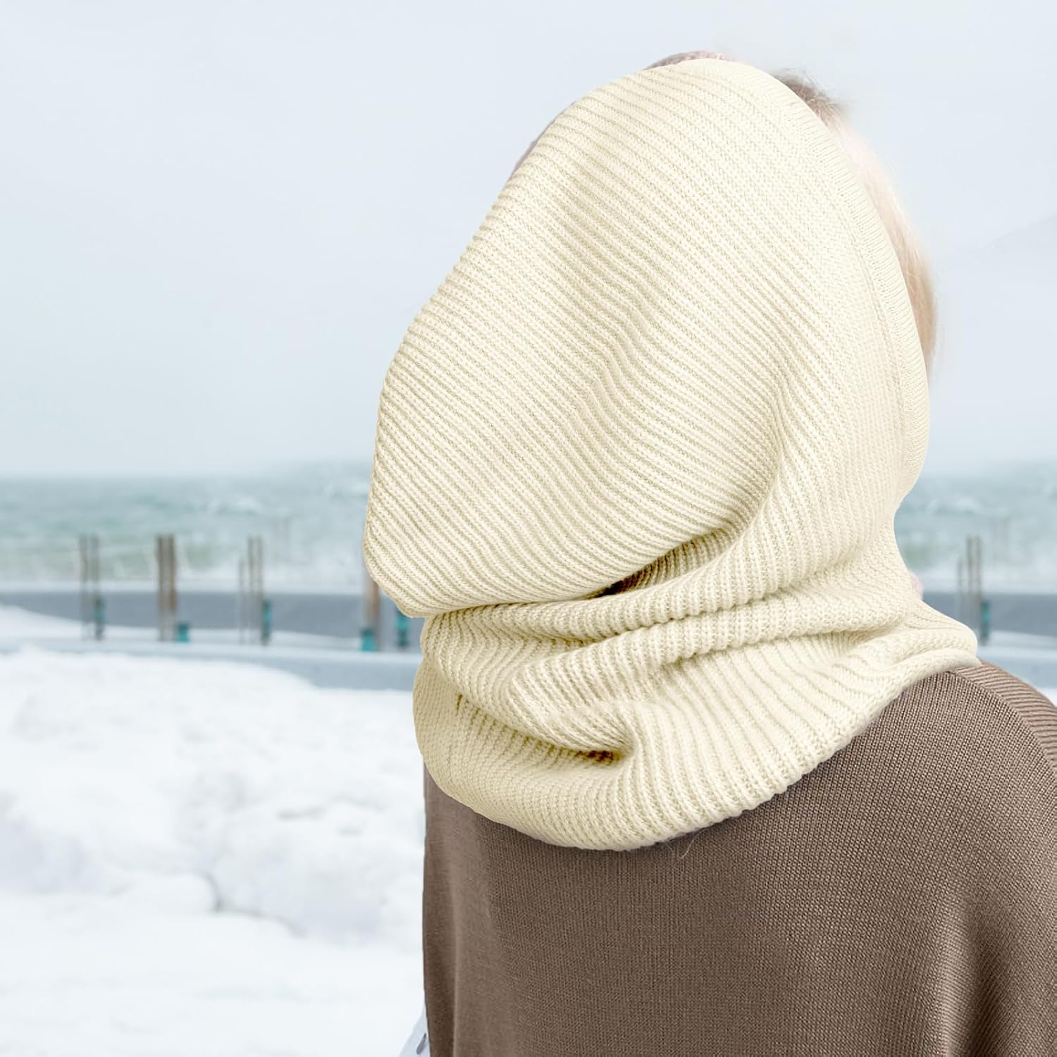 DRESHOW Winter Hats for Women Balaclava Knit Beanie with Adjustable Drawstring Warm Hooded Scarf Skull Cap
