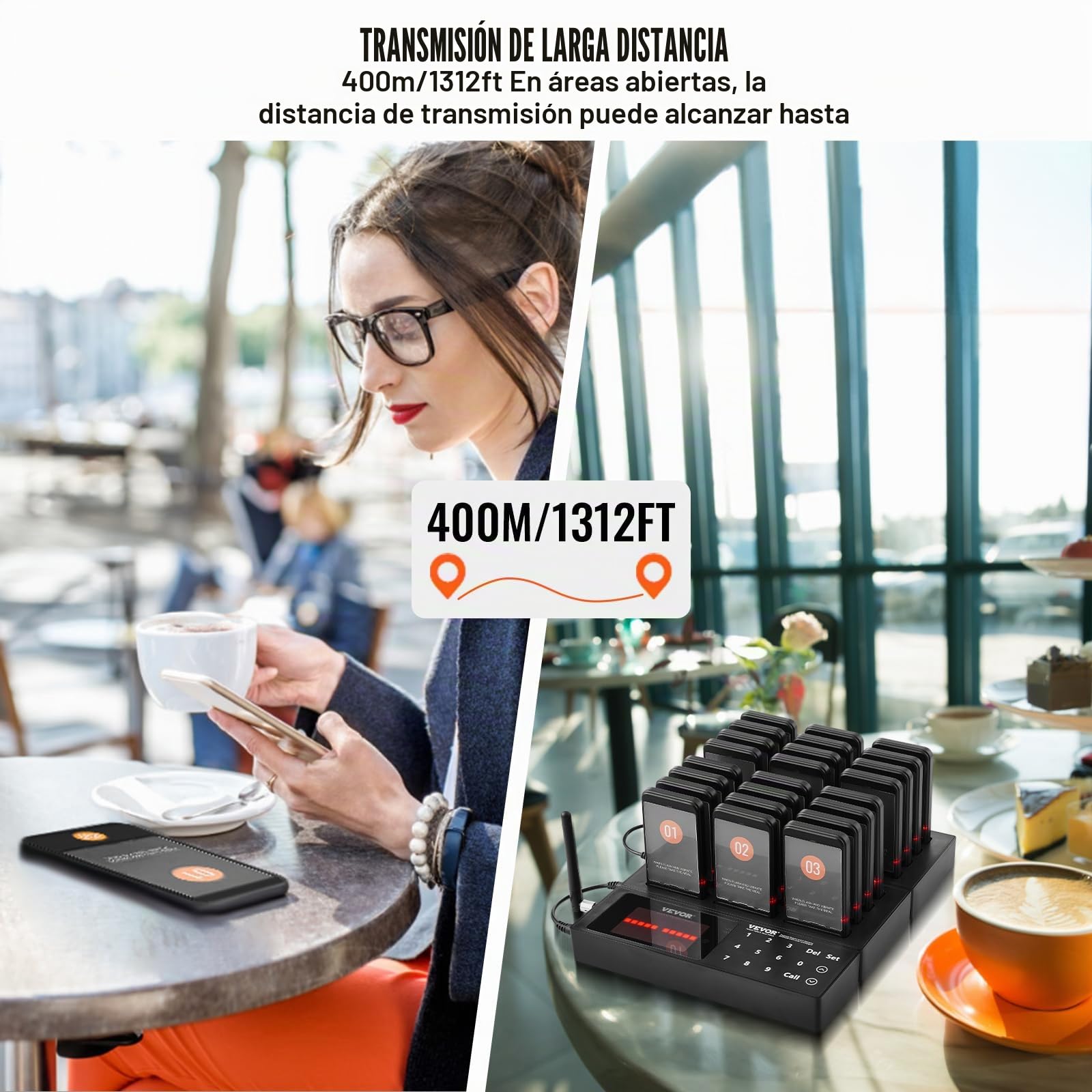 VEVOR Sistema de Buscapersonas Inalámbrico para Restaurantes Largo Alcance de 400 m Buscapersonas para Hacer Colas con Vibración y Parpadeo 24 Zumbadores para Restaurantes, Cafeterías, Tiendas