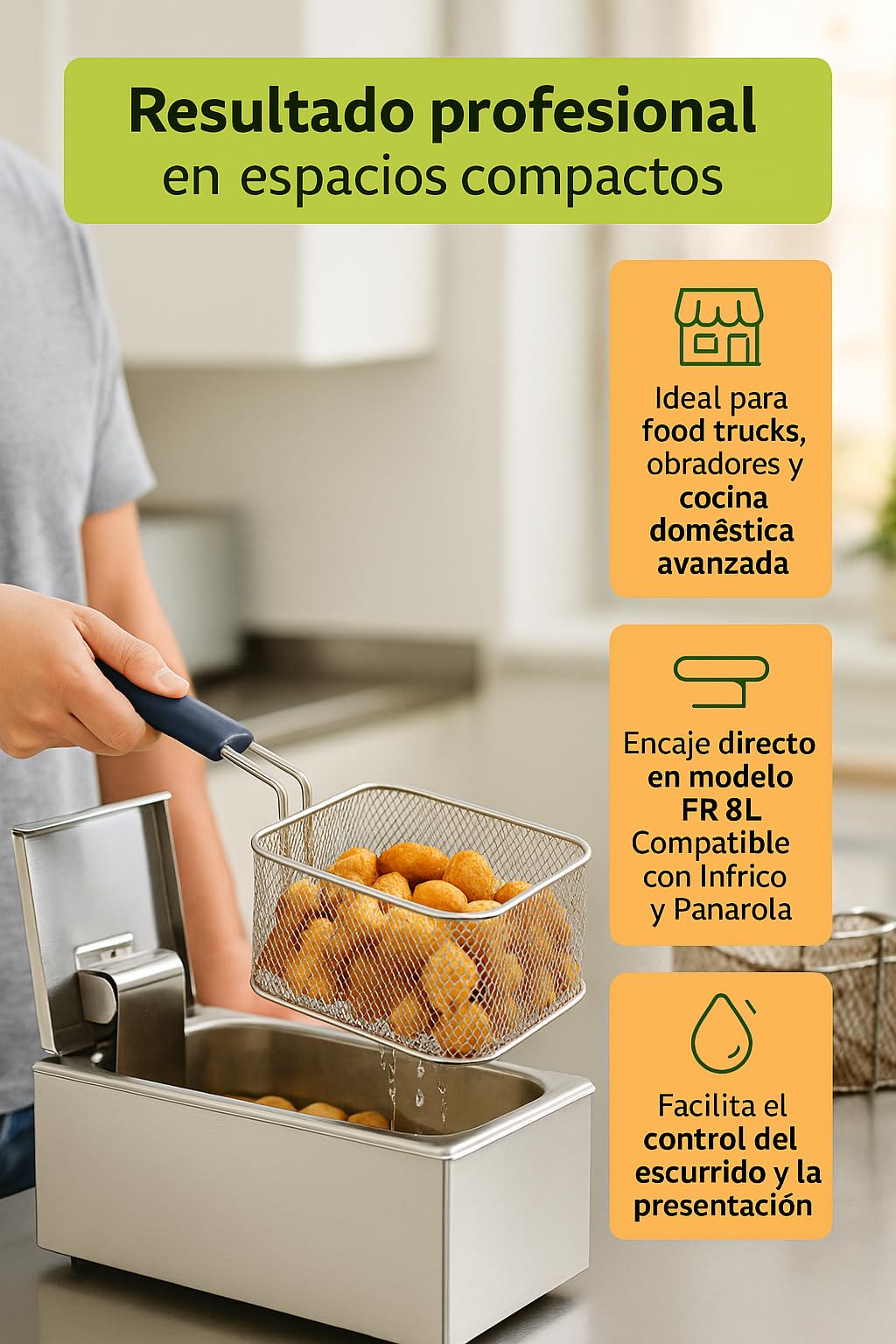 CubetasGastronorm ® Cesta freidora 8 litros recambio acero inoxidable 220x240x100 mm modelo FR 8L compatible con Infrico compatible con Panarola hosteleria profesional cocina bar restaurante plus