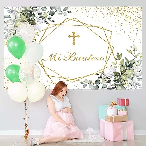 Miniatura 2 de Mi Bautizo - Telón de fondo para primera comunión para bautismo, recién nacido, baby shower, fondo dorado con purpurina, vegetación, eucalipto,