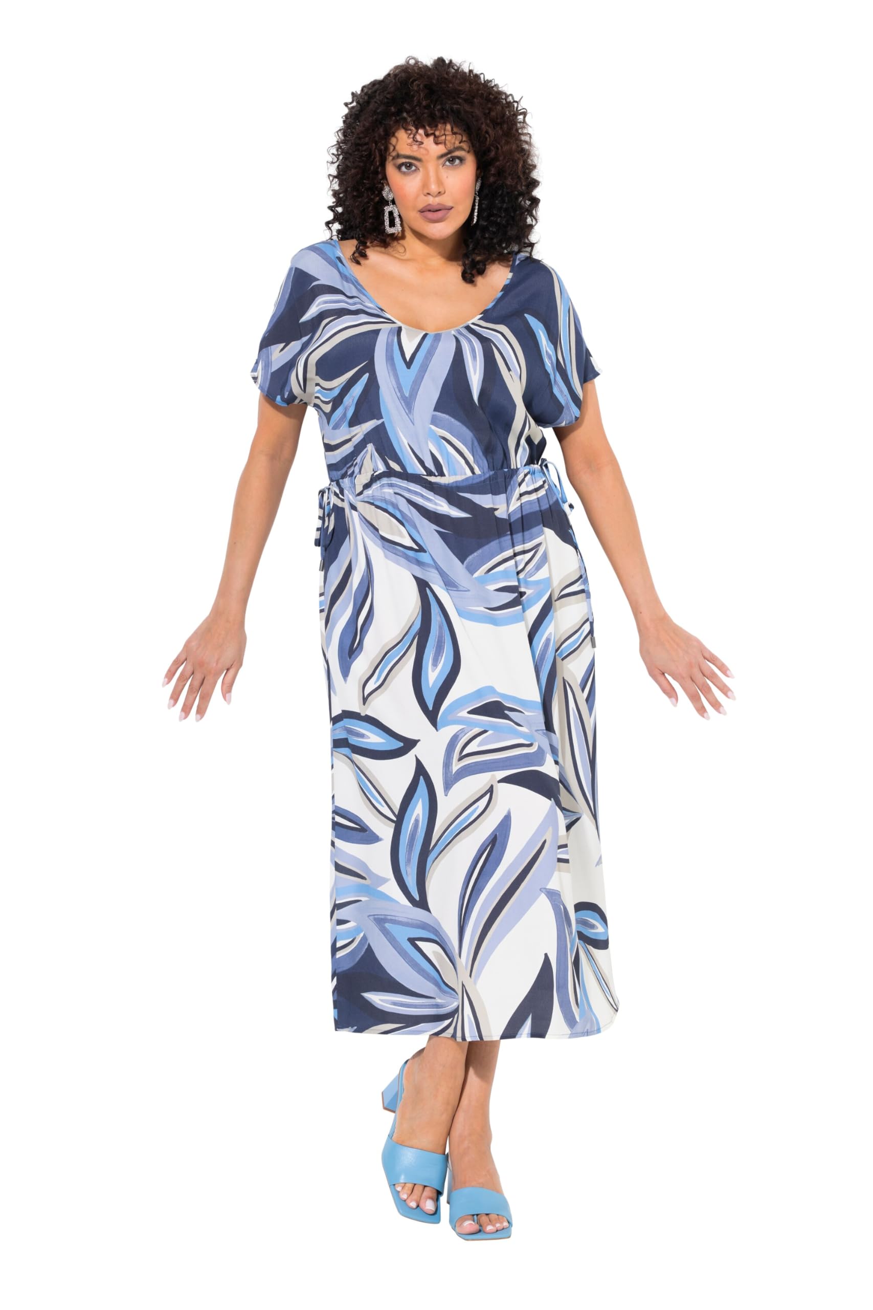 Ulla Popken Damen große Größen Übergrößen Plus Size Maxikleid, Blätter, Tunnelzug, V-Ausschnitt, ärmellos 838972