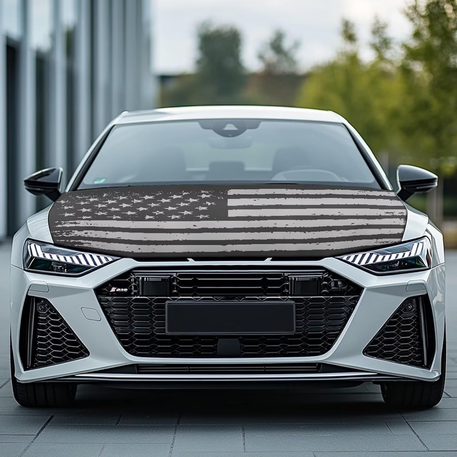 59×39 Inch Gray American Flag Car Hood Cover Protector Waterproof Car Hood Wrap Blankets Patriotism Auto Flag Universal Automotive Exterior Accessories for Summer