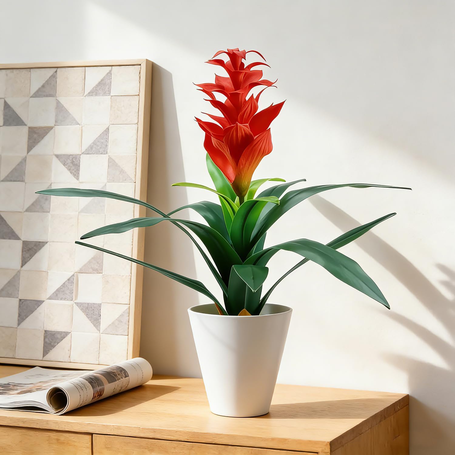Artificial Plants for Outdoor, 2 Pcs 16.93" Uv Resistant Artificial Tropical Flower, Faux Outdoor Plants, Fake Bromeliad Flowers For Outside Planter Porch Yard Patio Garden Home Indoor Decoration(Red)
