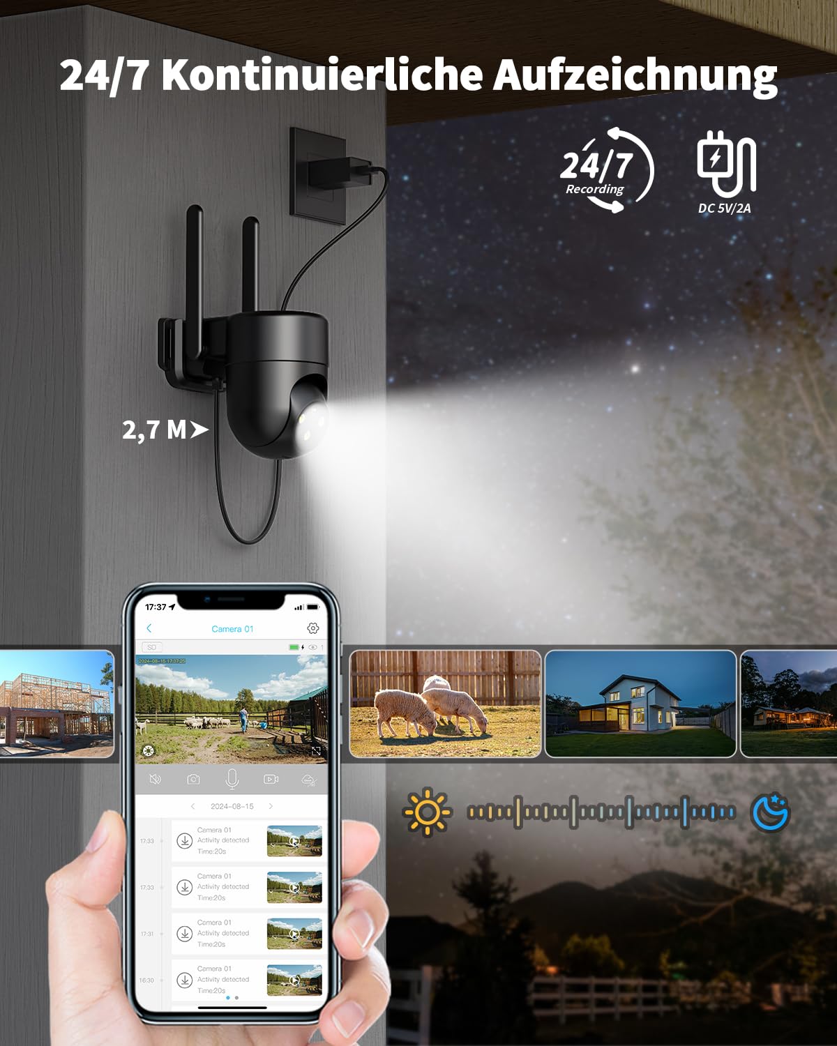 4G LTE Überwachungskamera Aussen mit SIM Karte, Outdoor Kamera Überwachung Ohne WLAN mit AI Personenerkennung, 2K Farb-Nachtsicht, 2-Wege-Audio, IP66