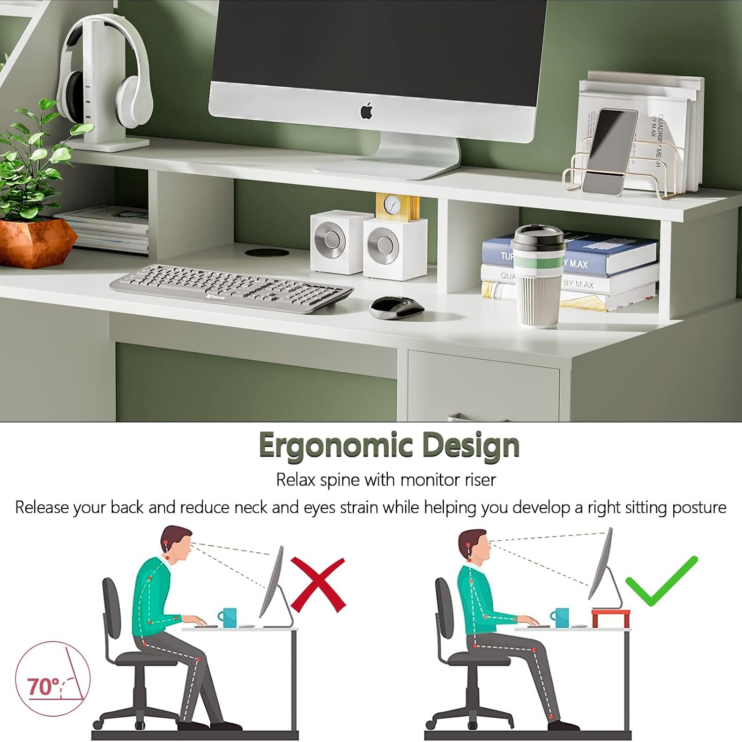 Itaar 64.5'' Large Computer Desk with Hutch, White Writing Desk with Drawers, Computer Table with Monitor Shelf, Modern Study Desk with Shelves for Home Office, White