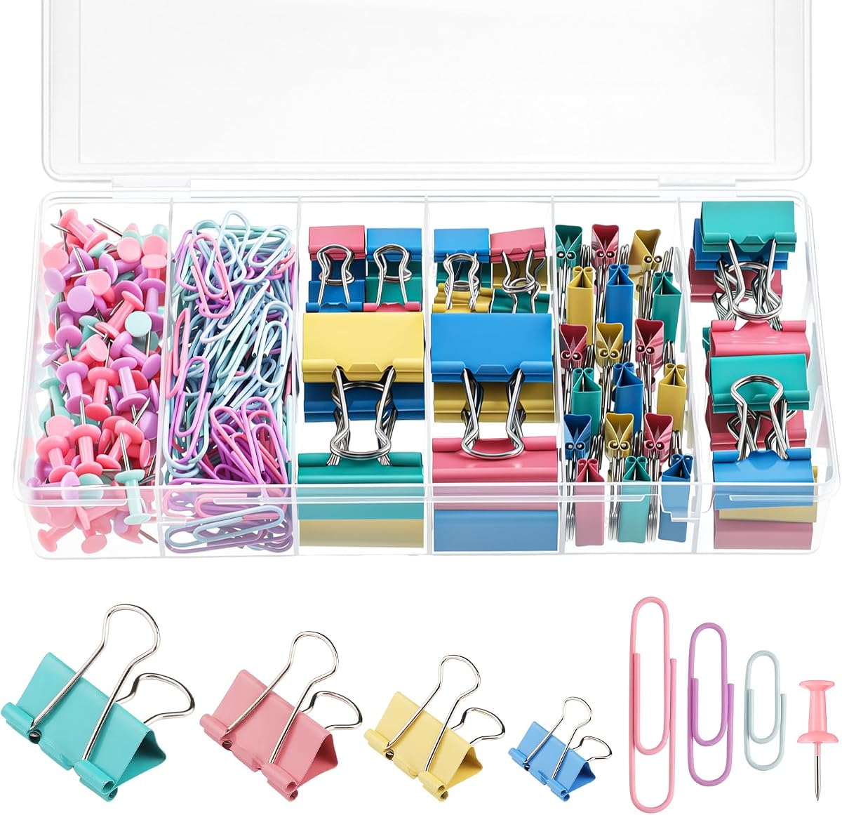 BESARME 279PCS Paper Clips and Binder Clips Set with Box, Assorted Sizes | Colorful metal clips, rust-resistant finish, 6-compartment box, office school home use