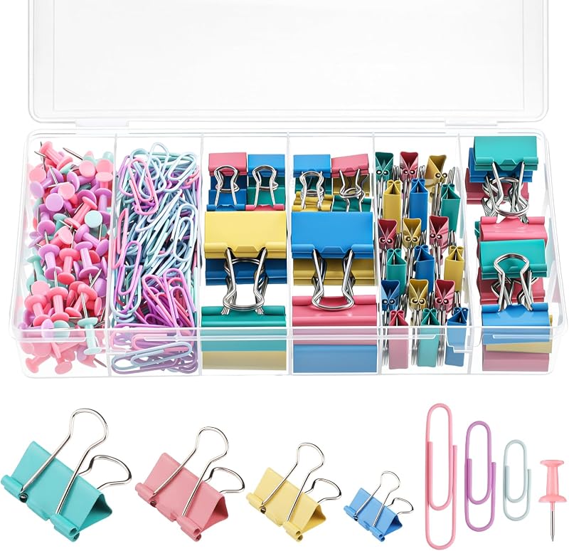 BESARME 279PCS Paper Clips and Binder Clips Set with Box, Assorted Sizes | Colorful metal clips, rust-resistant finish, 6-compartment box, office school home use
