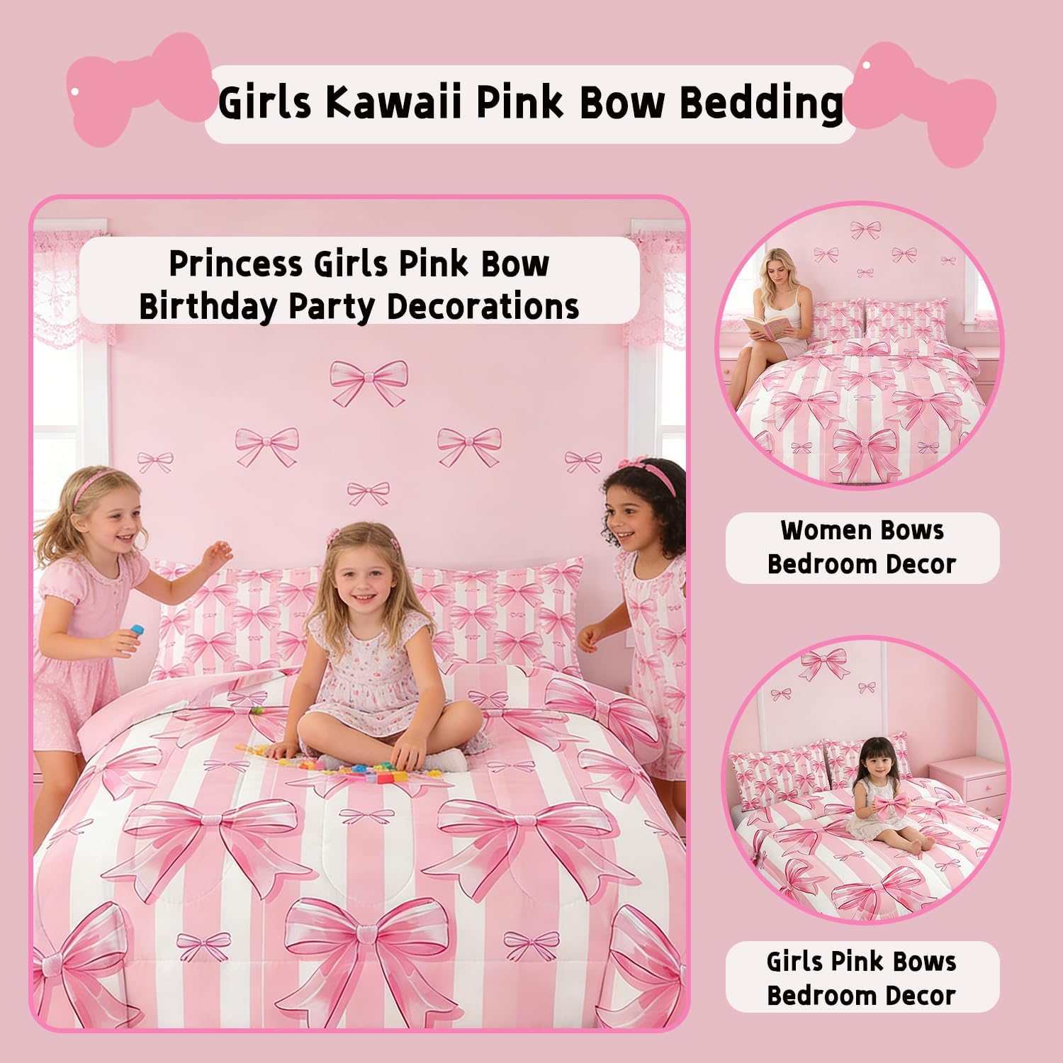 Feelyou Pink Bowknot Comforter Set,Dreamy Princess Bowknot Bedding Set Queen Size,Girls Bedroom Room Decor,Cute Bow Girly Comforter,Kawaii Geometric Bow-tie Bed Set for All Season