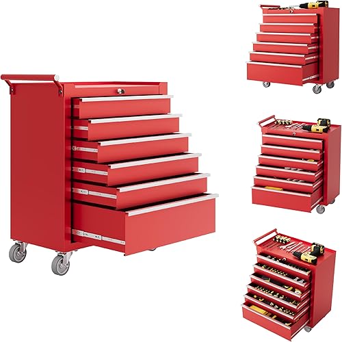 Rolling Tool Chest with Wheels, 6 Drawer Tool Storage Cabinet, Portable Toolbox Organizer with Lock, Heavy Duty Tool Chest Cart for Garage, Mechanic, Workshop, Shop, Mobile Tool Organizer, Red