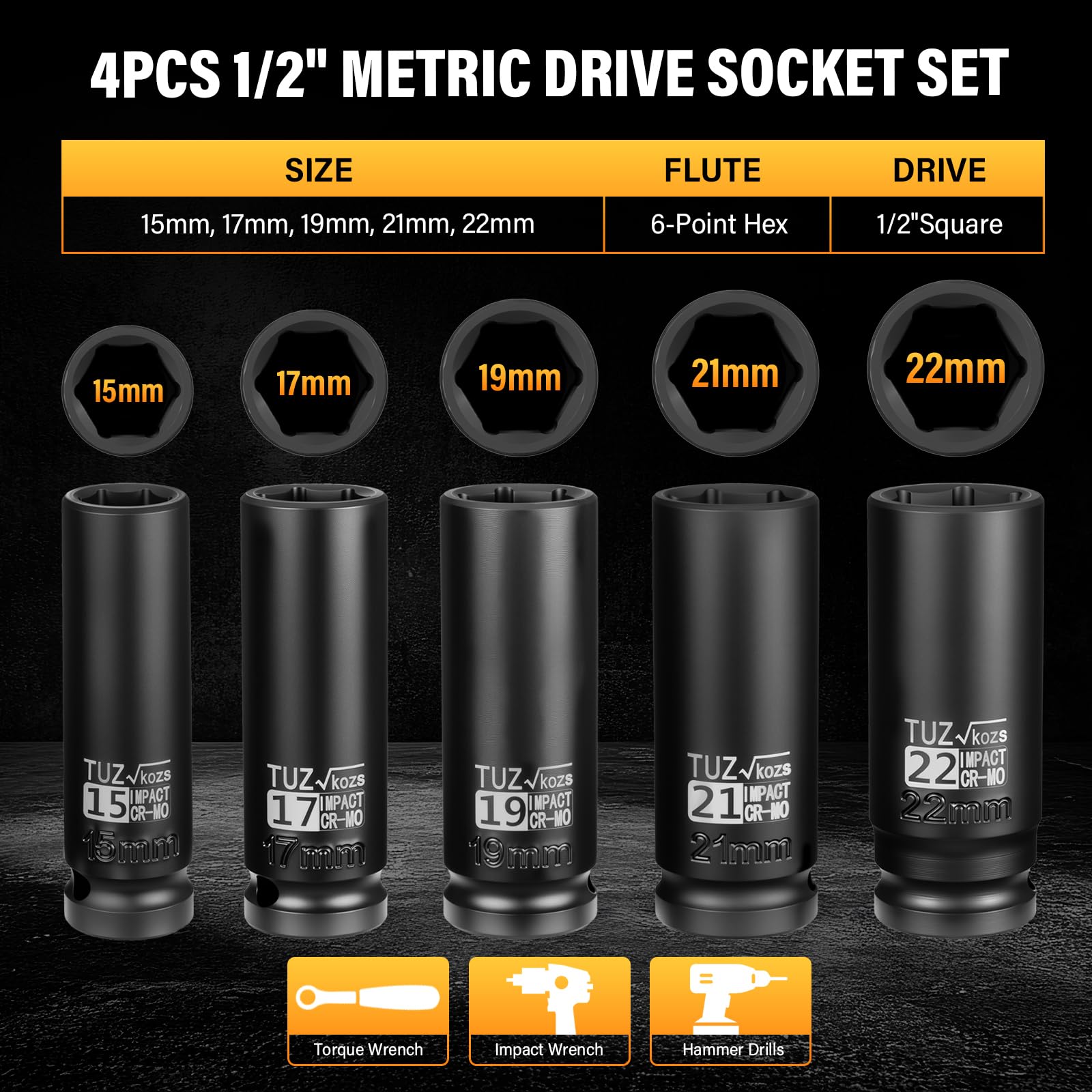 Juego de 5 llaves de impacto profundo de 1/2 pulgada, métricas, 15 mm, 17 mm, 19 mm, 21 mm, 22 mm, Cr-Mo, 6 puntos, tuerca de eje de husillo