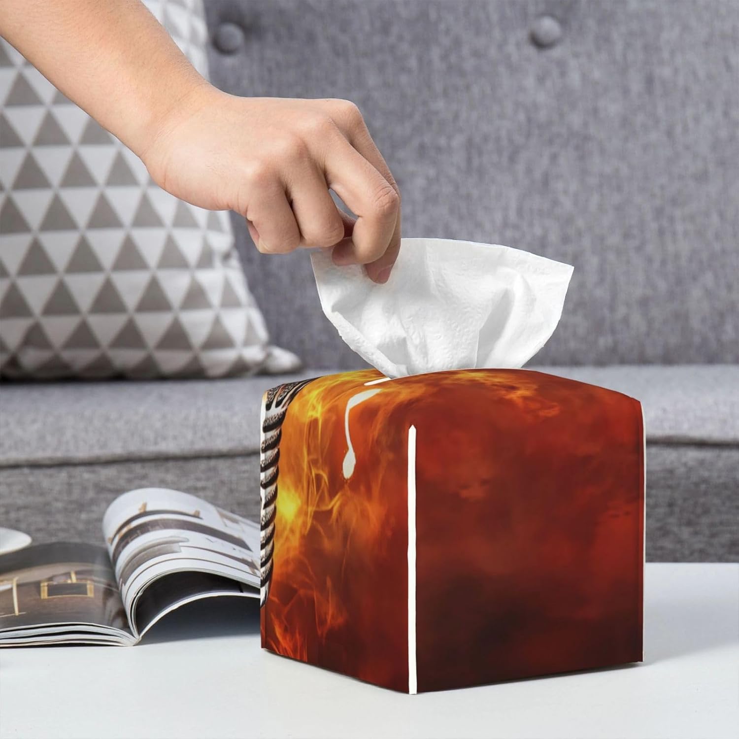 Tissue Box Cover, Square Modern PU Leather Tissue Box Holder, Can be Used for Bathroom Dressing Table, Bedside Table, Office Desk & Car 5.2"X5.2"X5.2" - Microphone with Music Notes image 5