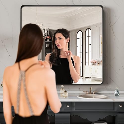 Miniatura 172 de LOAAO - Espejo de tocador para baño con marco de metal negro mate de 24 x 32 pulgadas para pared, rústico, rectangular, grande, redondeado