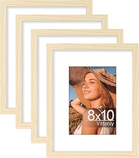 Vittanly 8x10 Picture Frame Set of 4, Display Pictures 5x7 with Mat or 8x10 without Mat, Engineered Wood with Shatter Resistant Plexiglass, Photo Frames for Wall or Tabletop Display, Natural Wood