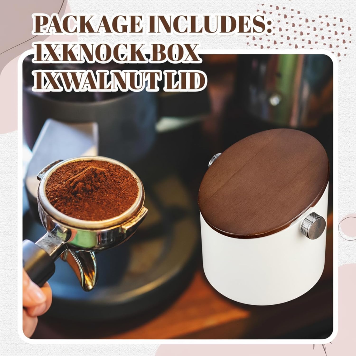 Espresso Knock Box with Walnut Lid for Coffee Grounds, Espresso Machine Accessory, Easy Disposal of Coffee Pucks, Removable Knock Bar(White,Round)
