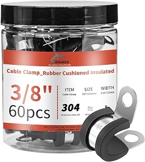 AKIHISA 60pcs 10mm Cable Clamps Assortment Kit, 3/8" 304 Stainless Steel Rubber Coated Cushioned Insulated Cable Clamp, Metal Clamp, Loop Clamps, Pipe Clamp for Wiring, Pipes and Hoses