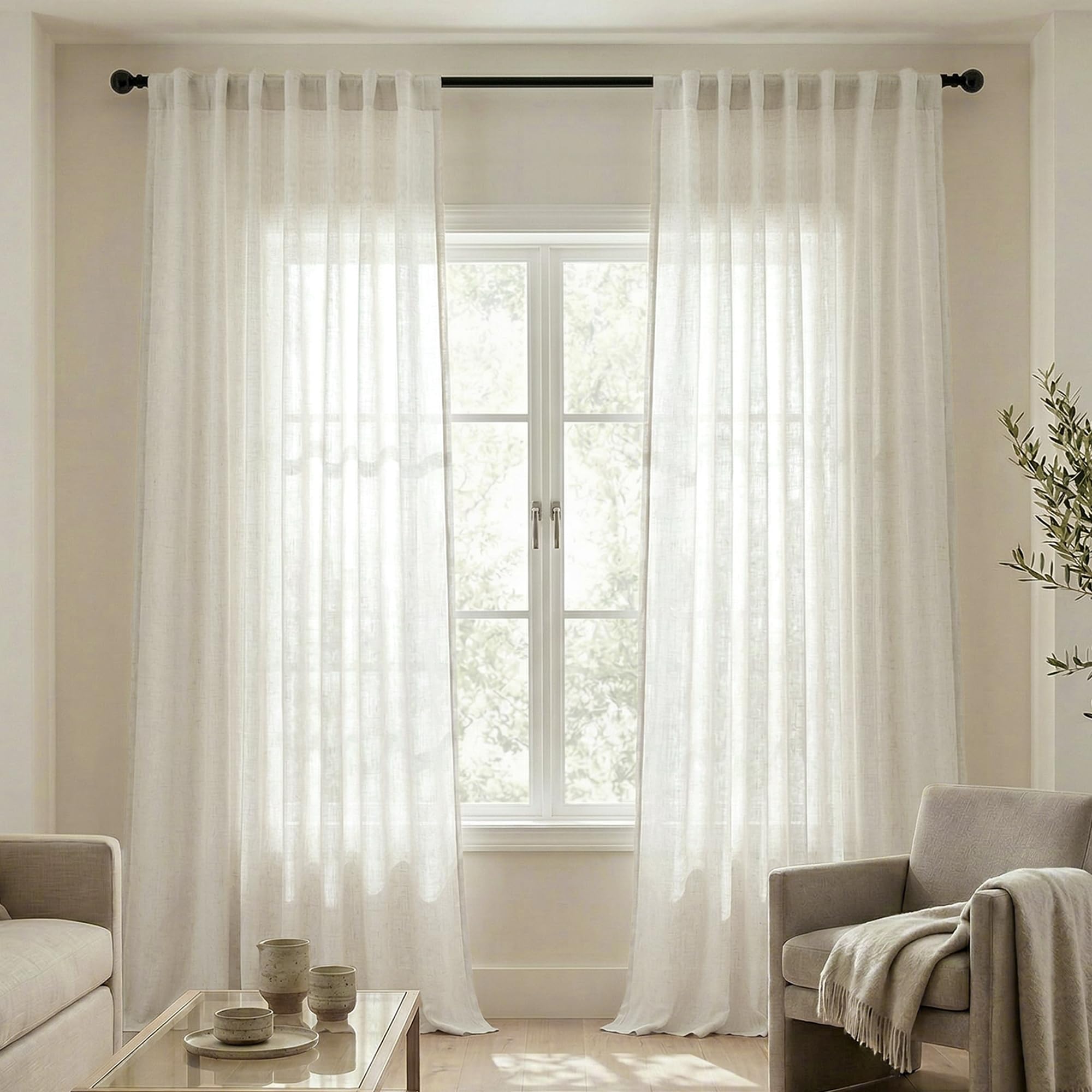 Mrs.Naturall Natural Back Tab Linen Blend Sheer Curtains 52x120 Inches Long โ image 1