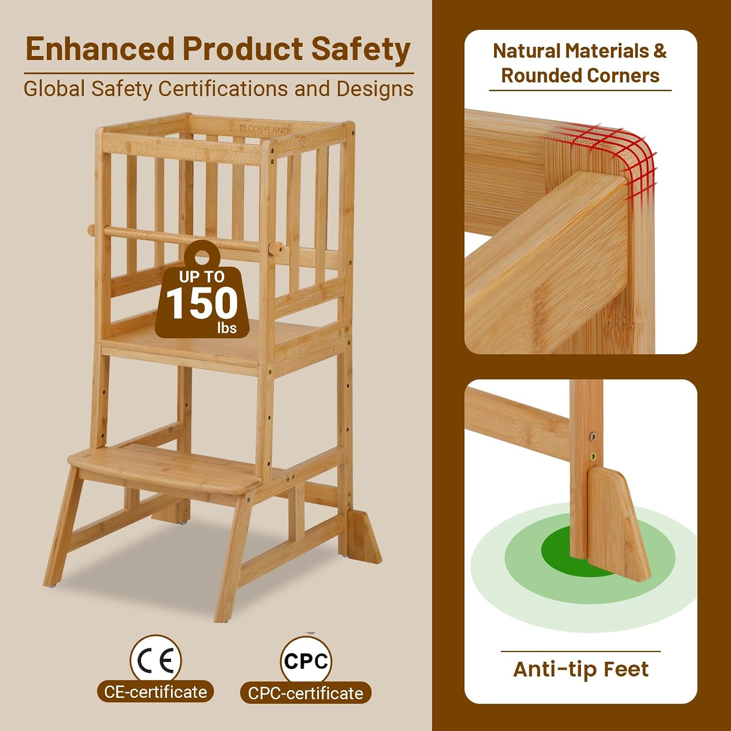 COSYLAND Toddler Standing Tower - Adjustable Height Toddler Kitchen Stool Helper - Kids Kitchen Step Stool for Learning with Removable Safety Railing Natural 6 COSYLAND Toddler Standing Tower - Adjustable Height Toddler Kitchen Stool Helper - Kids Kitchen Step Stool for Learning with Removable Safety Railing Natural - Image 4
