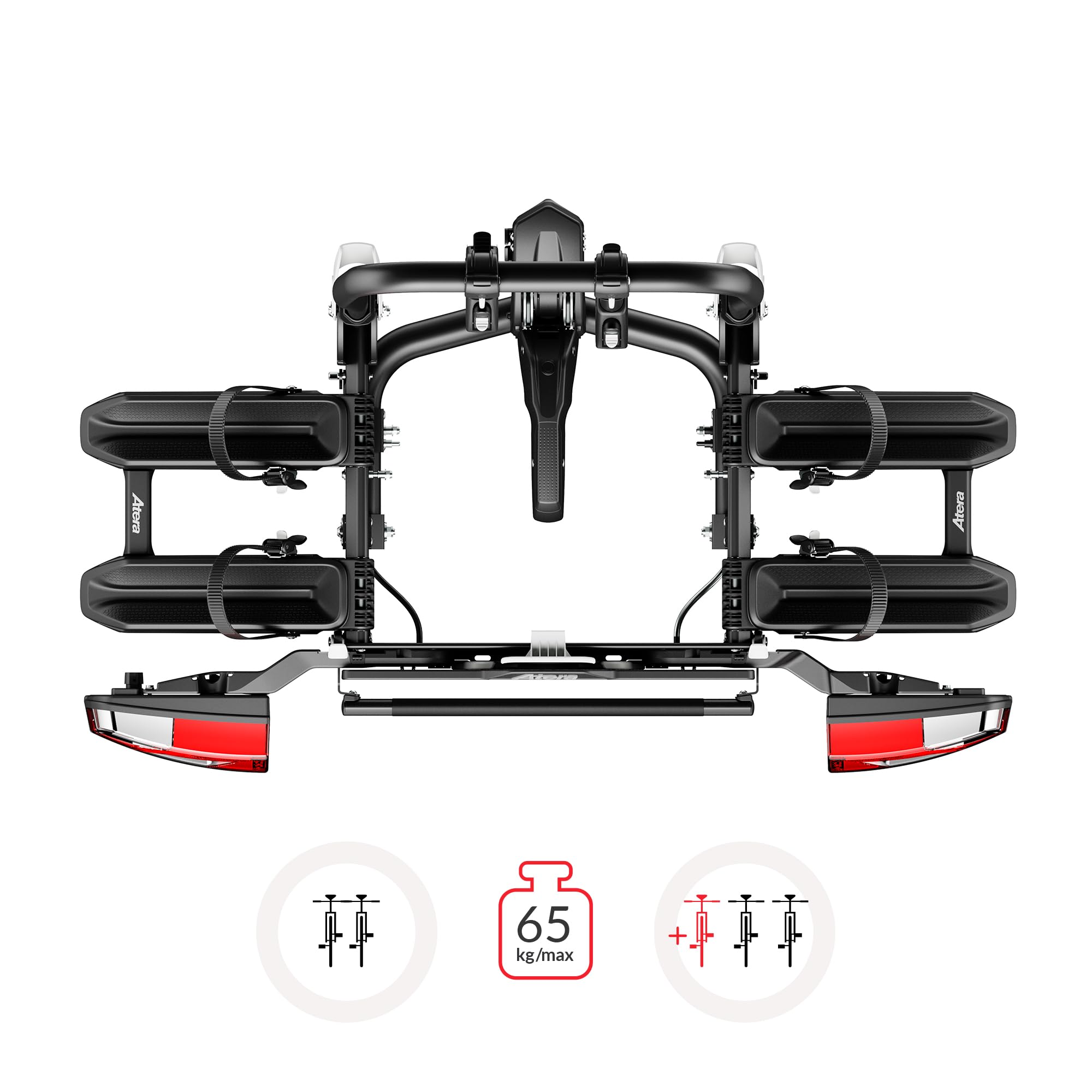Atera 022800 Portabicicletas Forza M, Soporte de Embrague para Coche, Plegable, con Luces traseras, para 2 Bicicletas o Bicicletas eléctricas Pesadas, Color Negro
