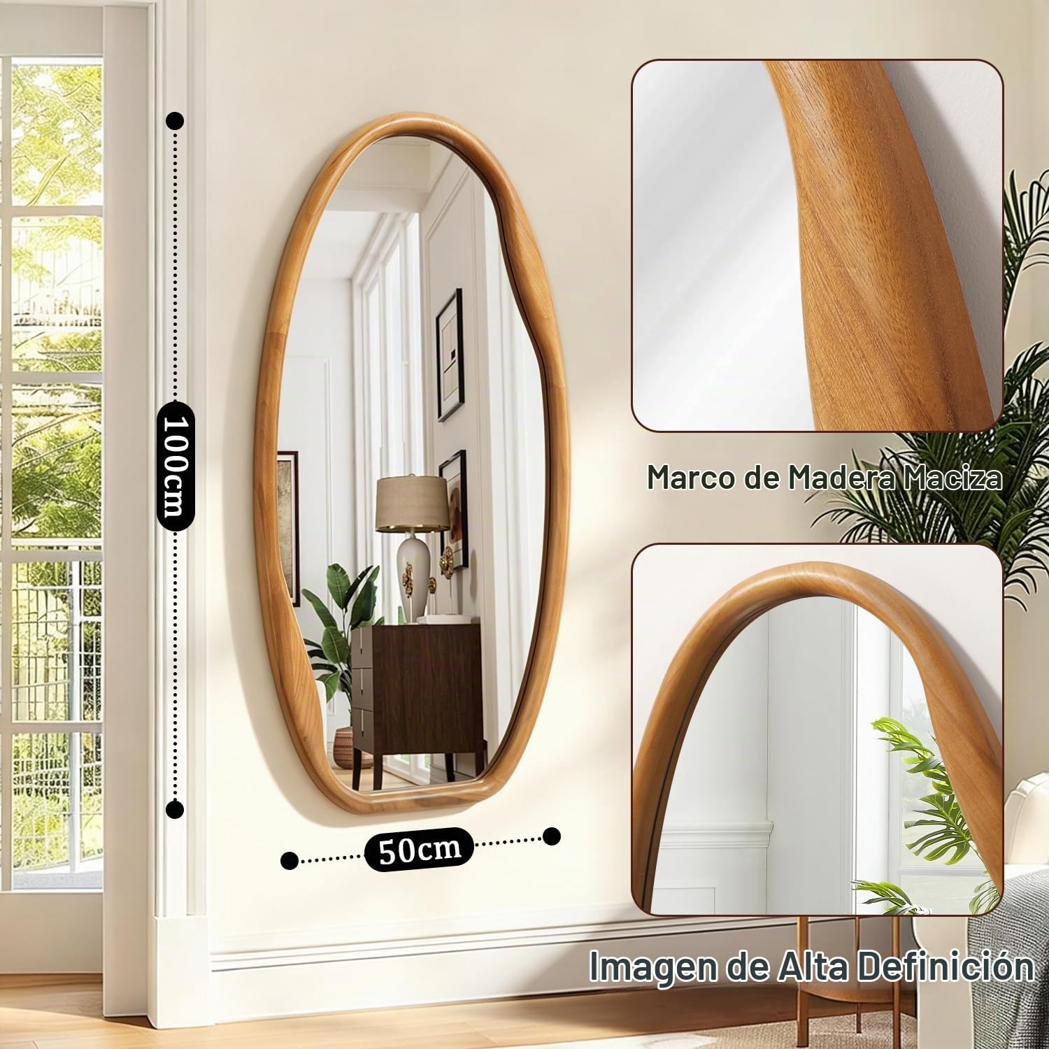 JJUUYOU Espejo Colgante con Marco de Madera de diseño Irregular, tamaño 100x50 cm. Ideal para baños, dormitorios, Salas de Estar, vestidores y entradas.