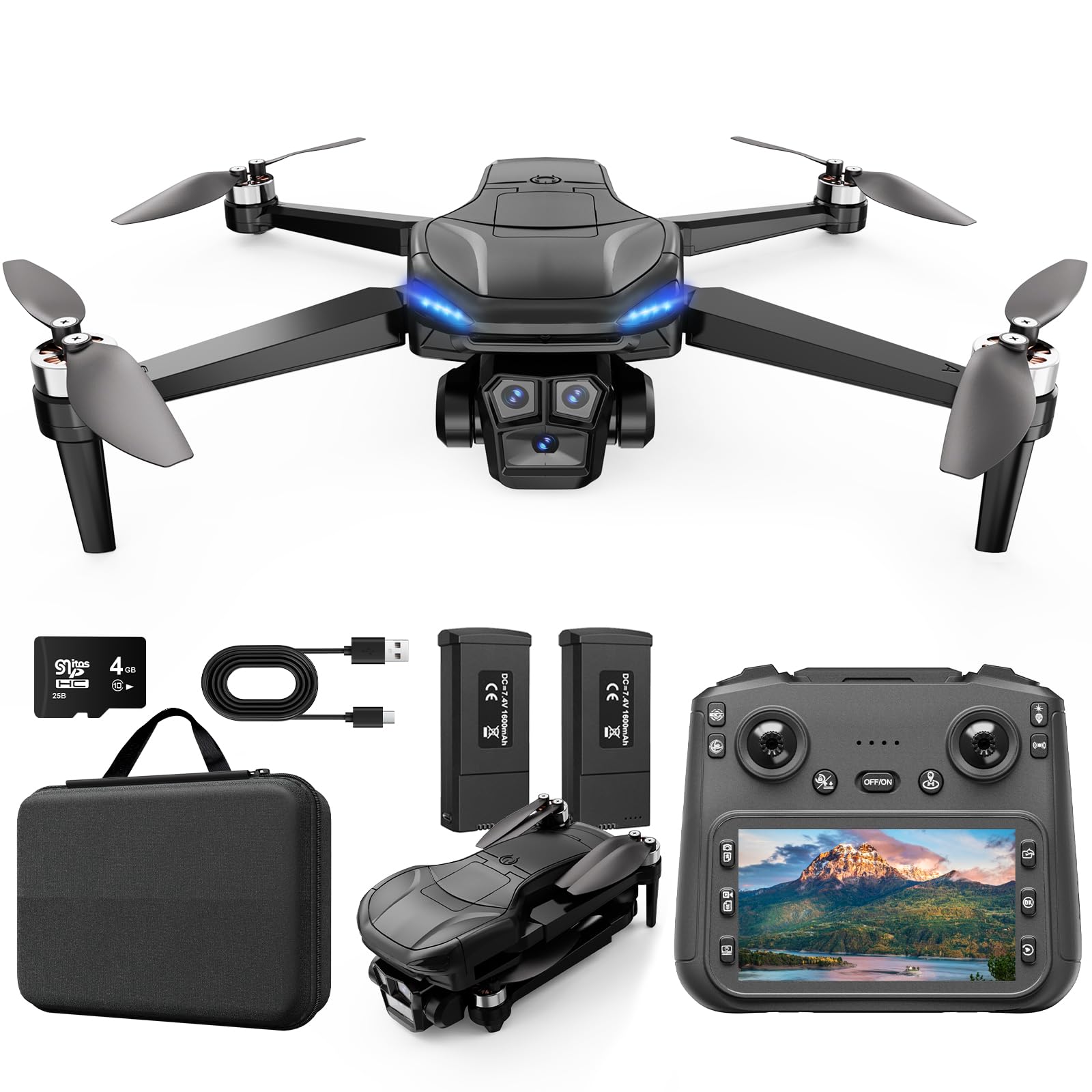 ScharkSpark 4K GPS Drone with Camera for Adults with 4.5” HD Screen Controller, Brushless Motor, Includes SD Card, 60-Min Flight Time, Auto Return, Follow Me, Under 249g, Great Gift for Beginner