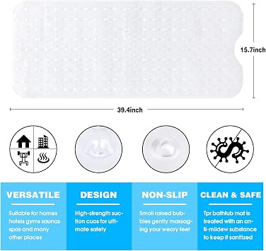 Bathtub Mat - Bath Tub Shower Mat 40 X 16 Inch Extra Large Bathtub Shower Mat with Suction Cups Drain Holes Non-Slip Bath Mat for Tub, Machine Washable Bath Mat (Transparent)