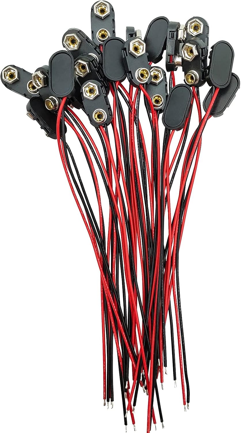 VWEICYY 9 Volt Battery Connectors,20 PCS I-Type 9 Volt Battery Buckle Connector Hard Buckle Plastic Shell, 5.9in Copper Wire Lead (I-Type, 20 PCS)