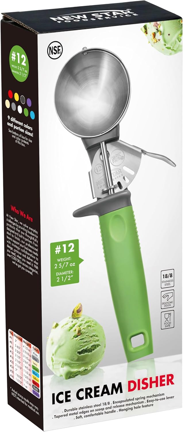 New Star Foodservice Commercial-Grade Thumb Press Food Disher/Ice Cream Scoop, #12, Green Handle, 18-8 Stainless Steel, NSF Certified