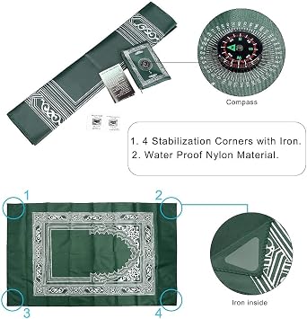 Travel Prayer Mat, 60cm*100cm Praying Rug, Portable Polyester Prayer Rug with Compass, Islamic Waterproof Prayer Mat, Muslim Prayer Mat, for Ramadan Gifts, Islamic Prayer (Green)