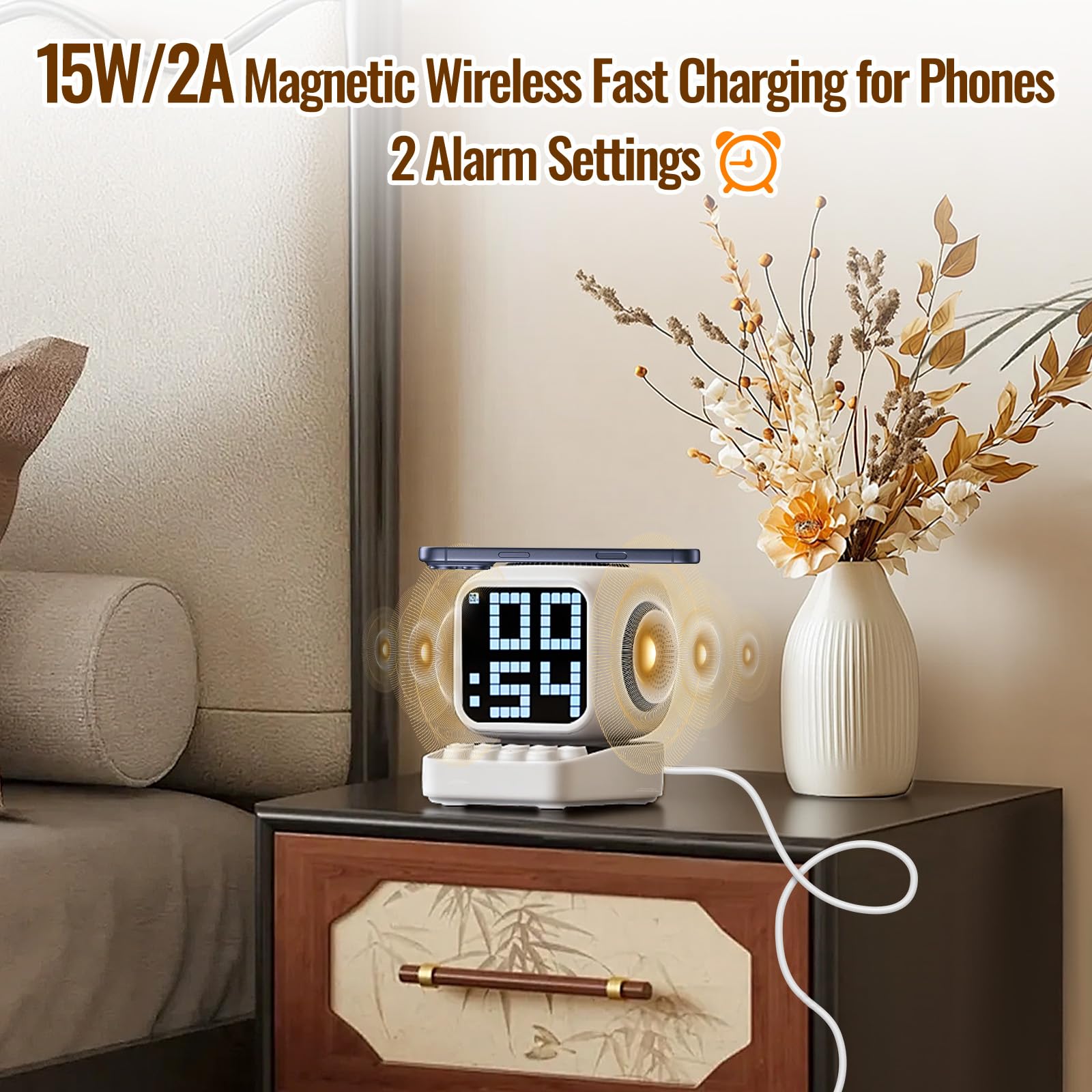 Haut-Parleur Bluetooth Portable avec Une Station de Recharge inductive, Horloge de Table numérique Intelligente, réveil avec Bruit Blanc, pour Bureau, Bureau, Convient comme Cadeau (Blanc)