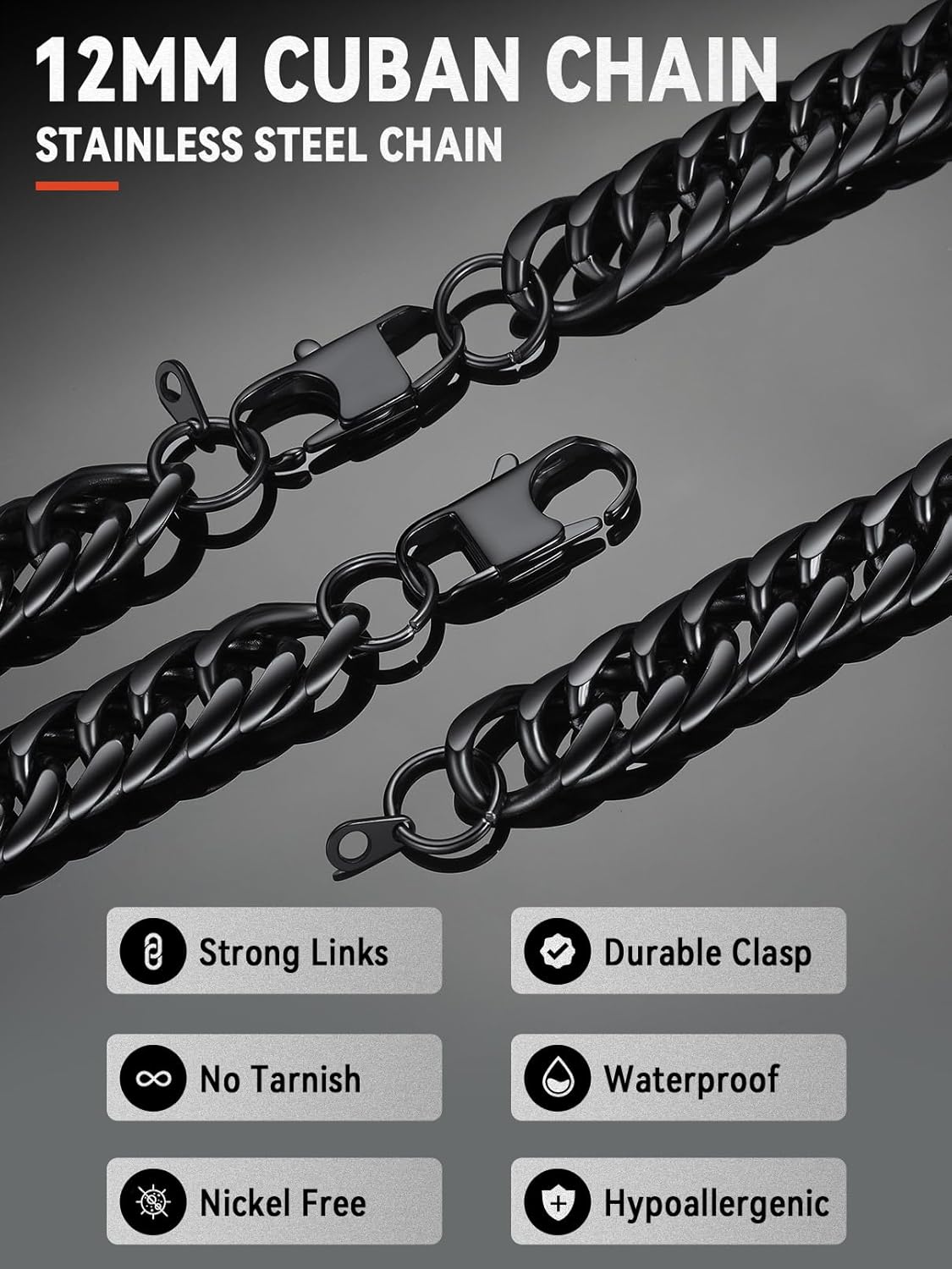 FaithHeart Miami Cuban Link Chain for Men, Silver/Black/14K Gold Plated Stainless Steel Cuban Link Chain Necklaces, 3.5/6/9/12mm Mens Necklace Hip Hop Jewelry 18"-30" Length - Image 3