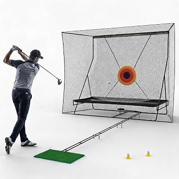 Golf Net 10 x 8 FT - Heavy Duty Practice Net with Automatic Ball Return System, Indoor Outdoor Hitting Net for Backyard Driving Real Golf Balls, Includes Turf Mat, Silk Targets & Tees