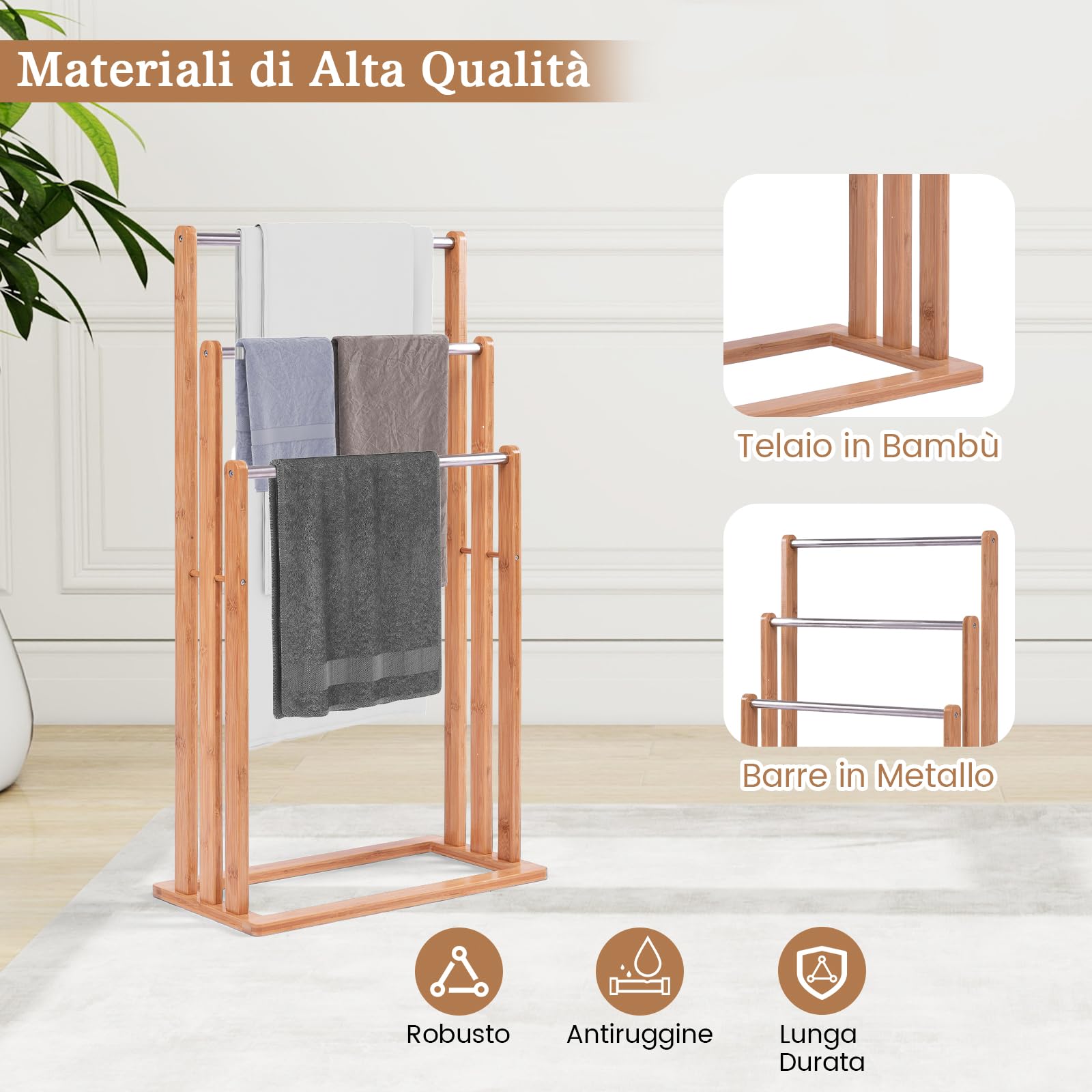 COSTWAY Portasciugamani in Bambù da Terra | Mobile Bagno con 3 Aste per Asciugamano in Acciaio Inox, 46x24x84cm