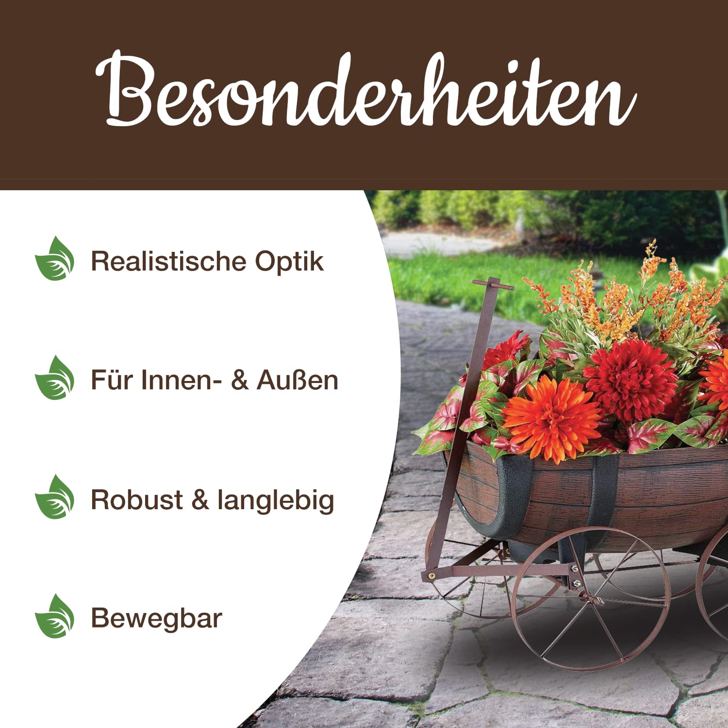 STREND PRO Blumenwagen Whiskyfass - Pflanzwagen auf rädern, Gartendeko Blumentopf Barel - realistischer Blumentopf Holzoptik Planzschubkarre - Leiterwagen Holz, Bollerwagen Holz
