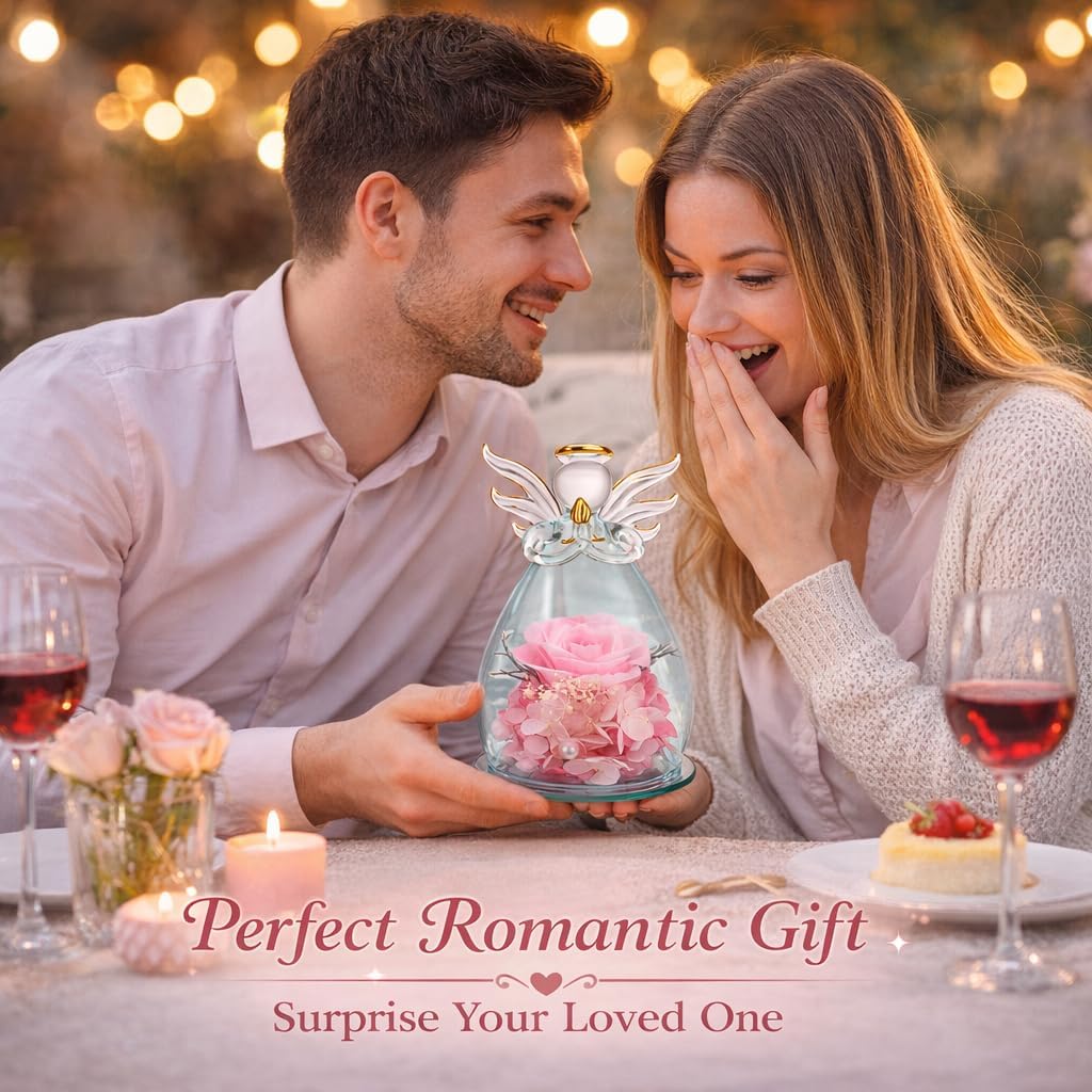 Preserved Rose Angel Gift for Women, Glass Dome Eternal Rose with Angel Figurine, Romantic Gifts for Wife Mom Girlfriend, Birthday Valentine’s Day