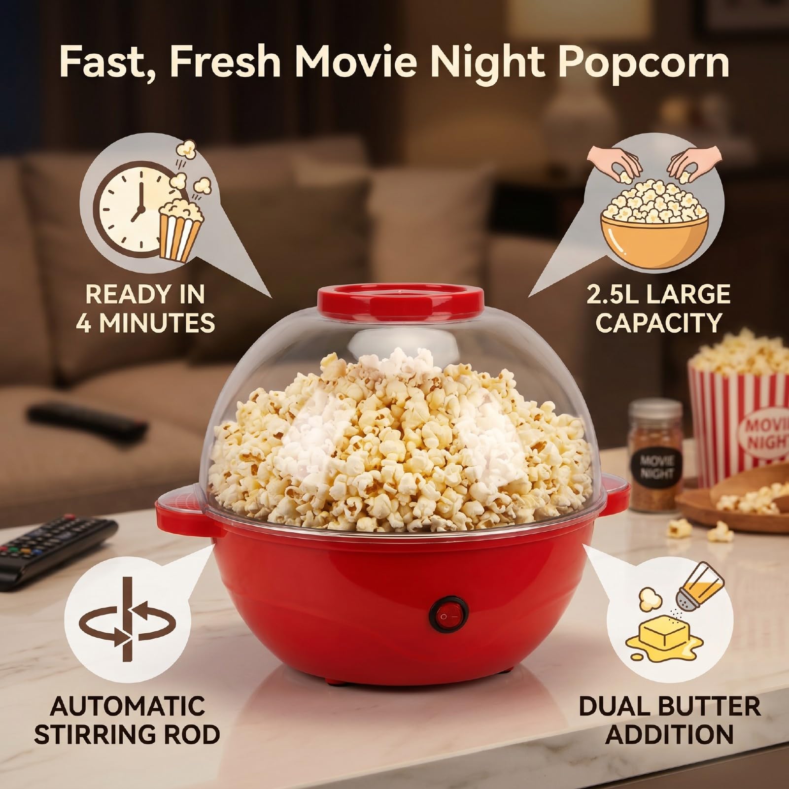 Potente Máquina de Palomitas de Maíz de 500 W, Agitadora Eléctrica, Gran Capacidad de 2,5 L, Hace Palomitas de Maíz en 4 Minutos con Opciones Dobles para Agregar Mantequilla, (Enchufe