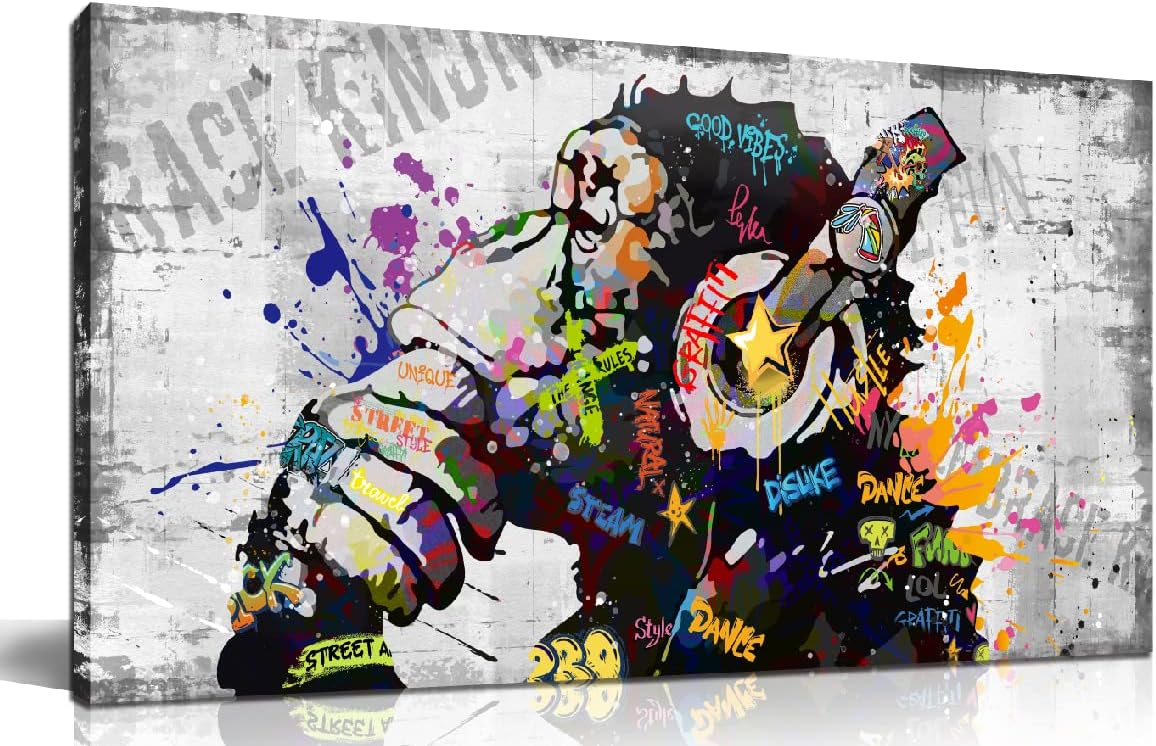 Kepgonegu Large Canvas Wall Art Graffiti Gorilla with Headphones Picture for Living Room Bedroom Funny Wall Decor Ready to Hang Size 40" W x 20" H