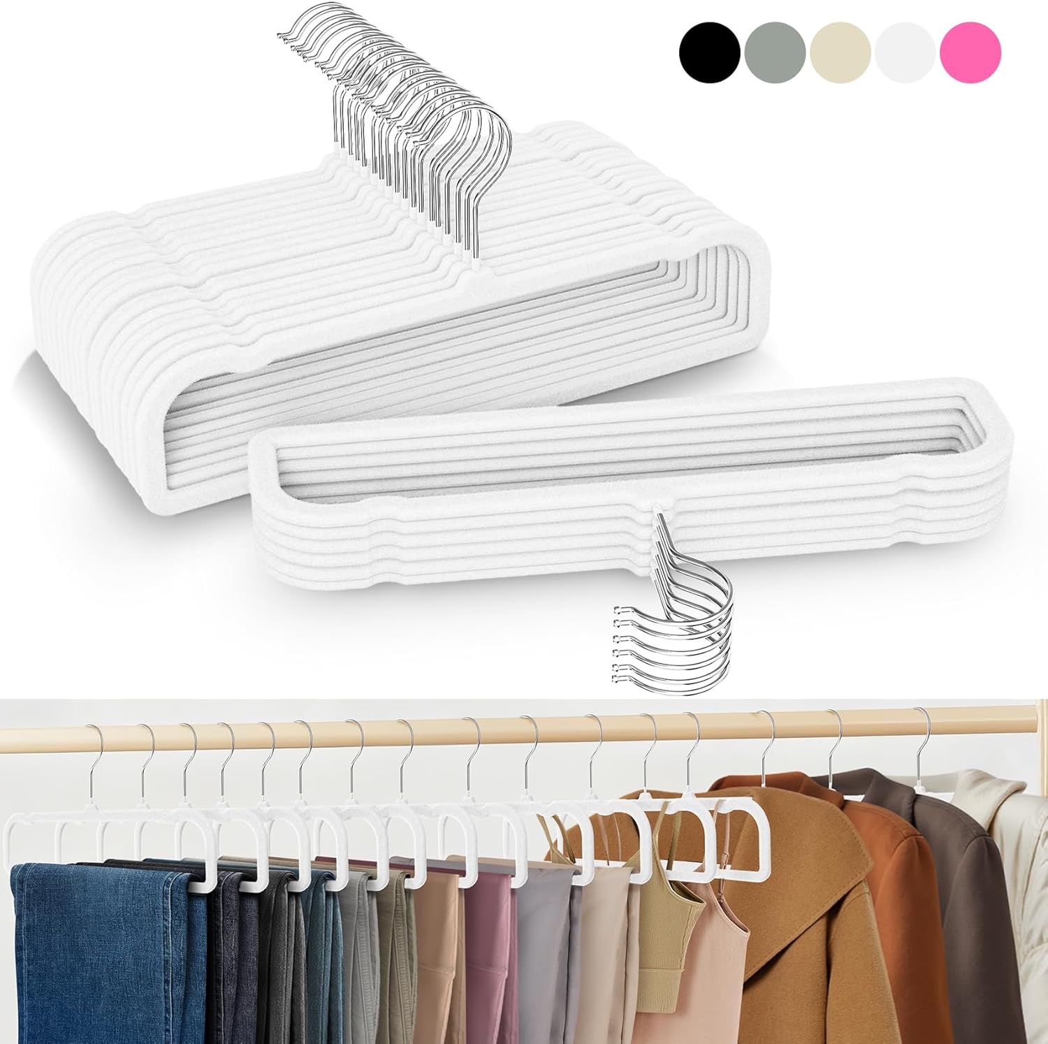50 Pack Velvet Hangers Non Slip, Felt Pants Hangers Thin Space Saving Clothes Hanger Flocked Strong Durable Ganchos para Colgar Ropa with 360°Swivel Hook for Pants Jeans Shorts Tank Top, Linen White Rectangular Linen White