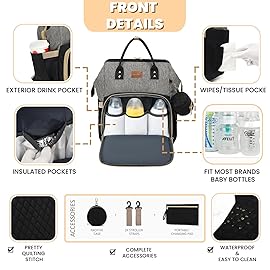ROSEGIN Diaper Bag Backpack with Changing Pad, Pacifier Case, Baby Bag for Boy Girl Toddler - Large, Stylish, Waterproof Travel Quilted Diaper Bag for Mom - Baby Shower - Black Grey