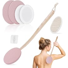 LOPHE Back Cream Applicator, 7 Pack Long Handled Lotion Applicator for Self-Applying, 2 in 1 Body Brush With 4 Pads, Bath Brush and Hook Pink