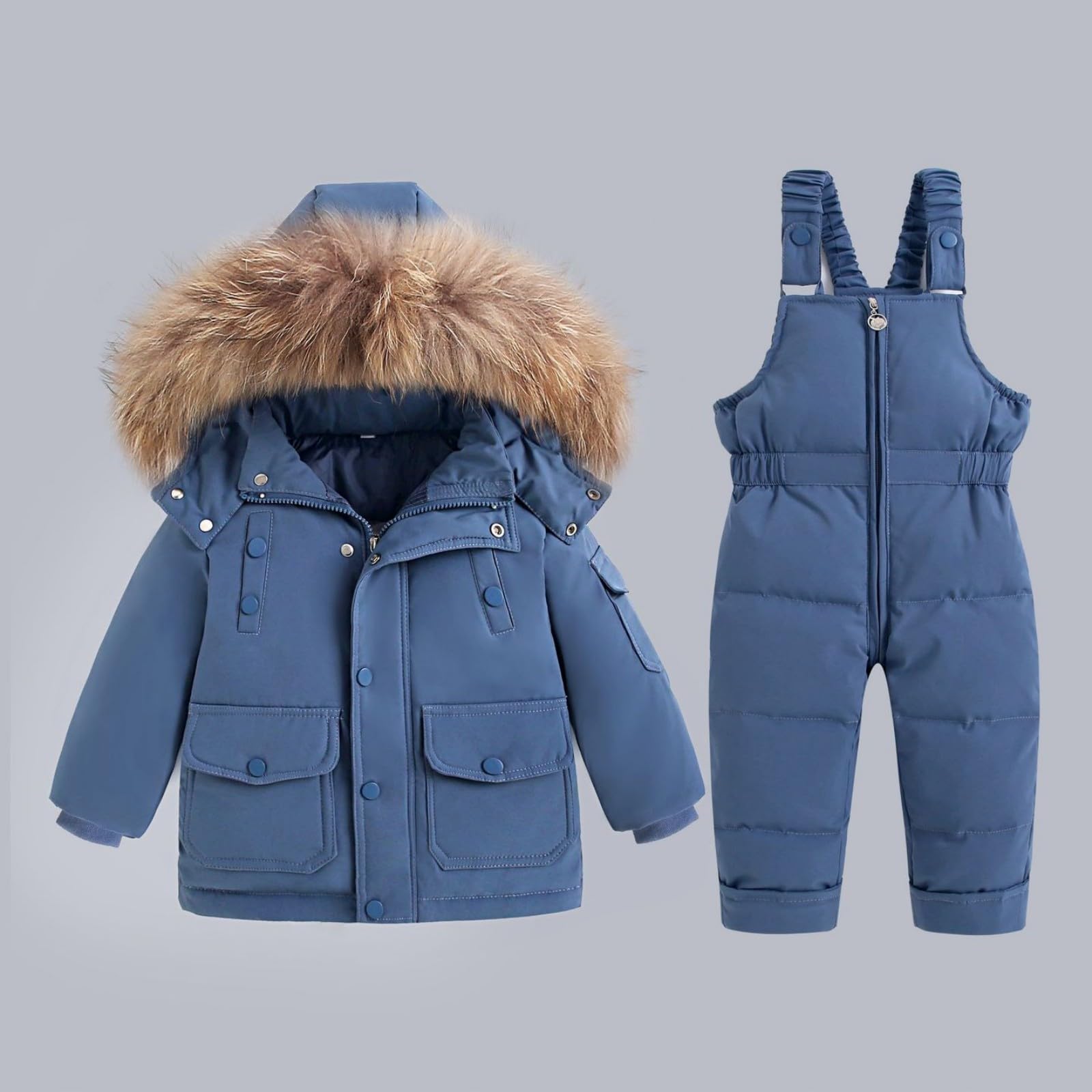 Schneeanzug Kinder Baby Süß Skianzug Daunenjacke Mit Kunstpelz Kapuze und Schneelatzhose 2tlg Verdickte Winterjacke Suit Bekleidungsset Mädchen Jungen Warme Winddichte Ski-Anzug