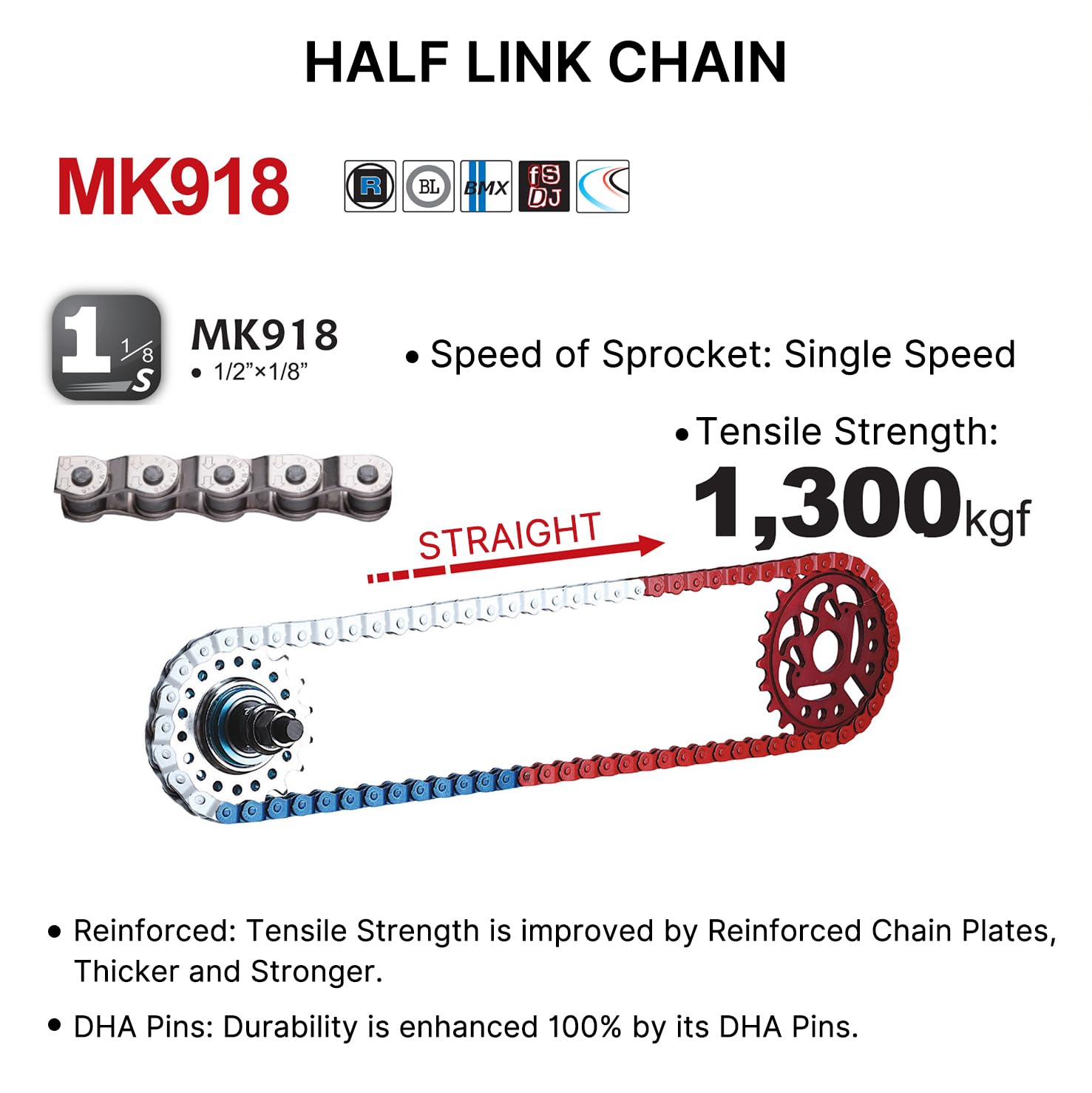 DJC YBN MK918 BMX Single Speed Half-Link Chain 1/2" x 1/8" 102 Links Heavy Duty Alloy Steel Chain with Solid Pin for Freestyle Fixie Track Dirt Jump Street Bikes, Rainbow